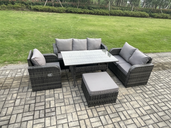 Fimous 7 Sitzer Garten Rattanmöbel Esstisch Sofa Set mit Liegestuhln Großer Fußhocker Dunkelgrau gemischt Bild 2