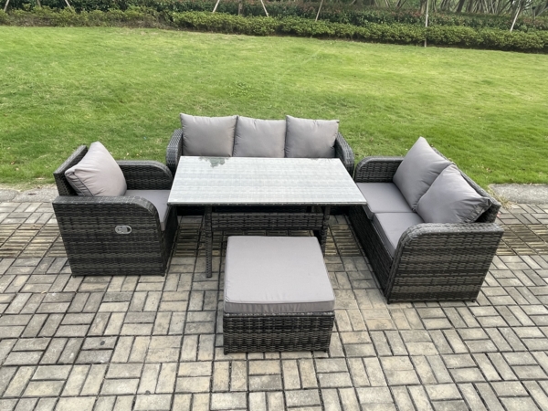 Fimous 7 Sitzer Garten Rattanmöbel Esstisch Sofa Set mit Liegestuhln Großer Fußhocker Dunkelgrau gemischt Bild 1