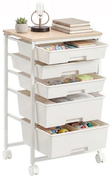 VASAGLE Rollwagen mit 5 Schubladen, Nischenwagen mit Holzplatte, Organizer für Büro und Bad, 39,5 x 28,5 x 63 cm, Weiß