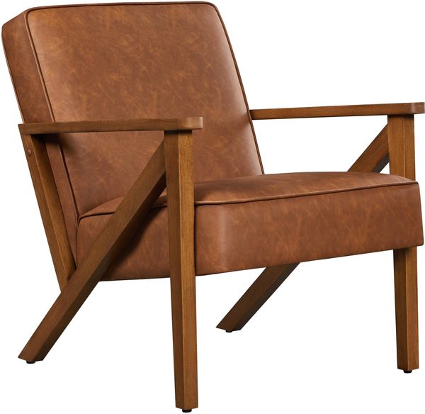 Yaheetech Loungesessel Sessel Vintage Relaxsessel Kunstleder mit Massivholzbeinen Einzelsofa für Wohnzimmer/Schlafzimmer/Empfangsbereich Hellbraun