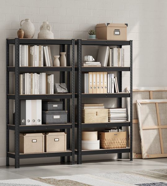 Songmics Standregal, 2er Set, Bücherregal, Lagerregal, 5 Ablagen, verstellbar, 30 x 75 x 150 cm, jeweils bis 650 kg belastbar, für Küche, Wohnzimmer, Greige-schwarz GLR030B12