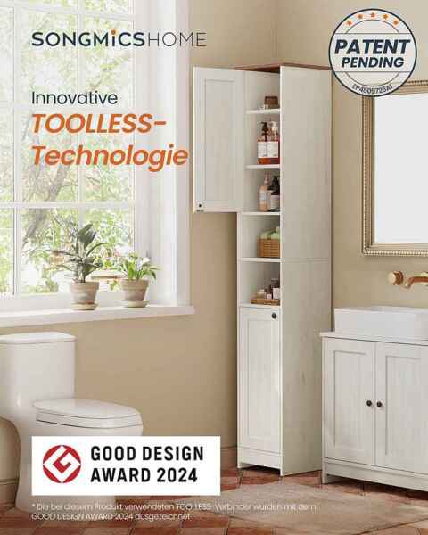 SONGMICS HOME Badezimmerschrank, Toolless-Technologie, superschnelle werkzeuglose Montage, Badschrank schmal, verstellbare Ablagen, Wohnzimmer, Flur, 30 x 30 x 170 cm, vintageweiß Bild 2