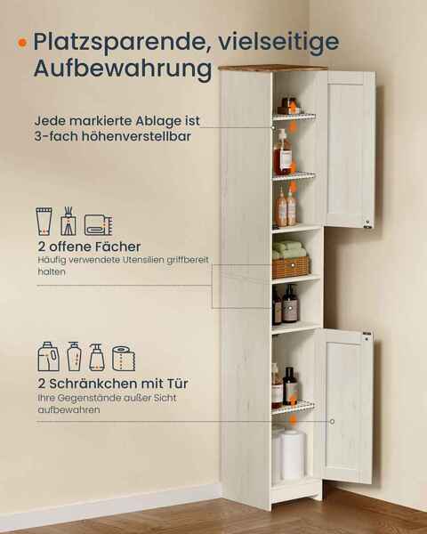 SONGMICS HOME Badezimmerschrank, Toolless-Technologie, superschnelle werkzeuglose Montage, Badschrank schmal, verstellbare Ablagen, Wohnzimmer, Flur, 30 x 30 x 170 cm, vintageweiß Bild 4