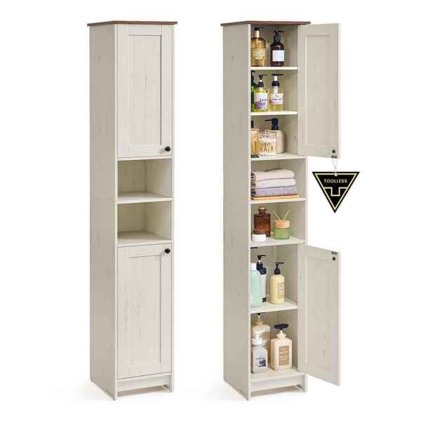 SONGMICS HOME Badezimmerschrank, Toolless-Technologie, superschnelle werkzeuglose Montage, Badschrank schmal, verstellbare Ablagen, Wohnzimmer, Flur, 30 x 30 x 170 cm, vintageweiß Bild 1