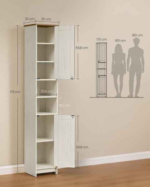 SONGMICS HOME Badezimmerschrank, Toolless-Technologie, superschnelle werkzeuglose Montage, Badschrank schmal, verstellbare Ablagen, Wohnzimmer, Flur, 30 x 30 x 170 cm, vintageweiß Bild 5