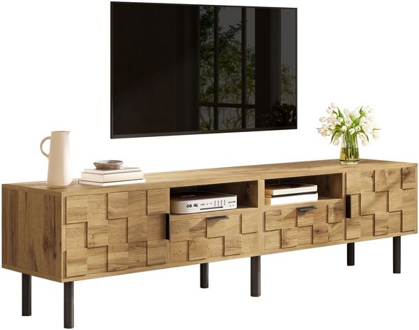 Mosaik-TV-Schrank,TV-Lowboard, 2-türig mit 2 Schubladen, Wohnzimmer Medienkommode, Holzoptik, Spanplatte, Metallfüße, 2 offene Fächer