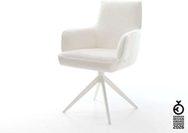 Drehstuhl Heira-Flex mit Armlehnen Bouclé Soft Beige Kreuzgestell breit Weiß 360° drehbar Wippfunktion Taschenfederkern