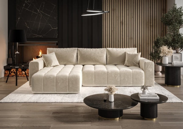 Ecksofa Schlafsofa CAMILA Stoff Monolith Creme Ottomane Links
