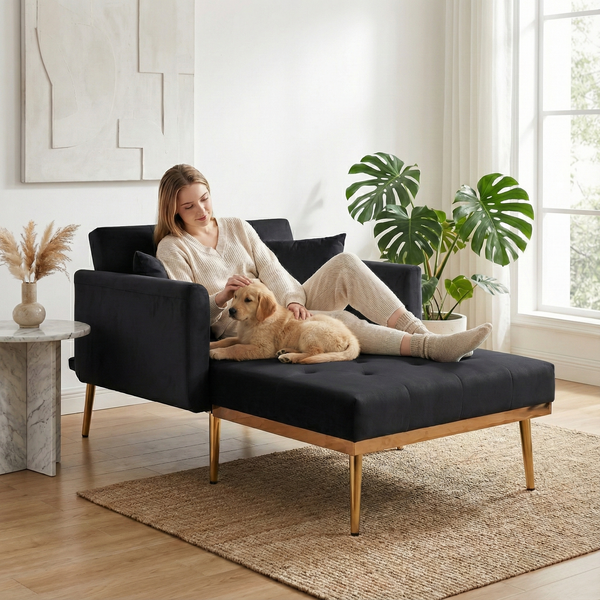 LVHOM Klappsofa mit Schlaffunktion, Schlafsofa Samtbezug mit goldenen Metallbeine, Klappbett Bettsofa Bettcouch, Chaiselounge, Schwarz