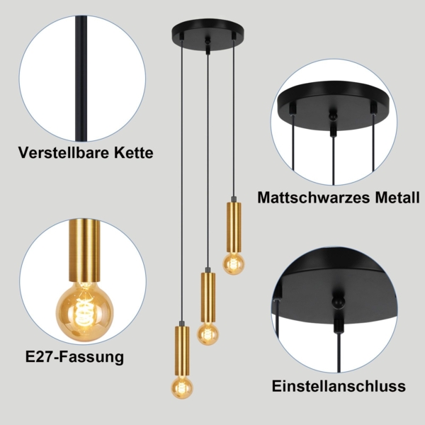 ZMH Pendelleuchte Esstisch E27 Gold Schwarz - Pendellampe 3 Flammig Esszimmerlampe Hängelampe Modern Hängeleuchte Metall Küchenlampe Hängend für Esszimmer Kücheninsel Ohne Leuchtmittel Bild 2