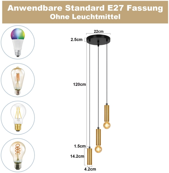 ZMH Pendelleuchte Esstisch E27 Gold Schwarz - Pendellampe 3 Flammig Esszimmerlampe Hängelampe Modern Hängeleuchte Metall Küchenlampe Hängend für Esszimmer Kücheninsel Ohne Leuchtmittel Bild 3