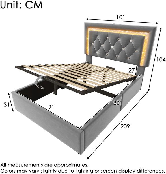 Polsterbett 90×200 cm mit LED, USB-C und hydraulischem Bettkasten, Grau, inkl. Matratze Bild 5