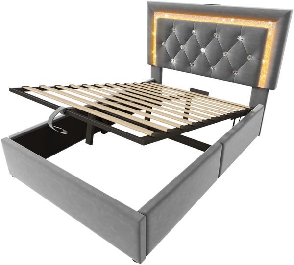 Polsterbett 90×200 cm mit LED, USB-C und hydraulischem Bettkasten, Grau, inkl. Matratze Bild 7