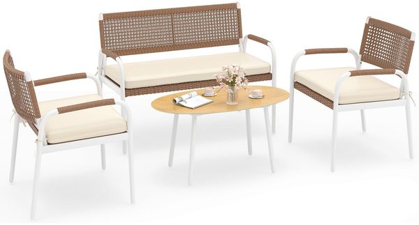4-teiliges Gartenmöbel-Set PE-Rattan Zweisitzer & 2 Sessel mit weichen Sitzkissen Tisch mit Sicherheitsglas Beige