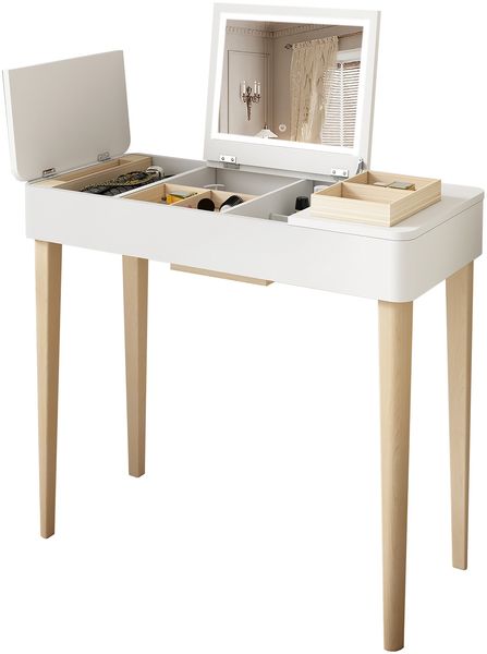 Schminktisch, Frisiertisch mit Spiegel und LED-Licht, lackierte Oberfläche, modern, MDF, Weiß