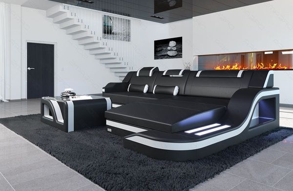 Sofa Dreams Ecksofa Ledersofa Palermo L Form Mini, Designersofa Couch, mit LED Licht & USB Anschluss