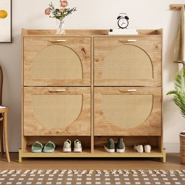 Schuhschrank Rattan in Holzoptik, 108,5x24x100 cm, 4 Türen, Metallgestell