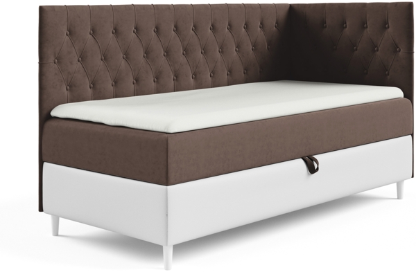 MEBLINI Kinderbett mit Bettkasten FILIPPO 3 90x200 Rechts – H3/Braun Samt Gepolstert Einzelbett mit Matratze - Polsterbett mit Stauraum - Bett mit Kopfteil – Stauraumbett