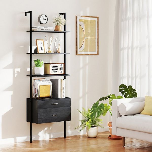 COSTWAY Bücherregal, Leiterregal mit 2 Schubladen, Wandmontage, Metallrahmen