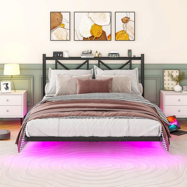 Bett 140x200 cm aus Metall mit LED, Ladestation und schwebender Optik, Kopfteil mit Ablage, ohne Matratze