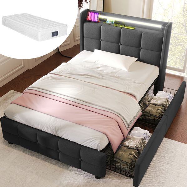 Polsterbett 90x200 cm mit LED, USB & 2 Schubladen – Einzelbett in Grau mit Matratze