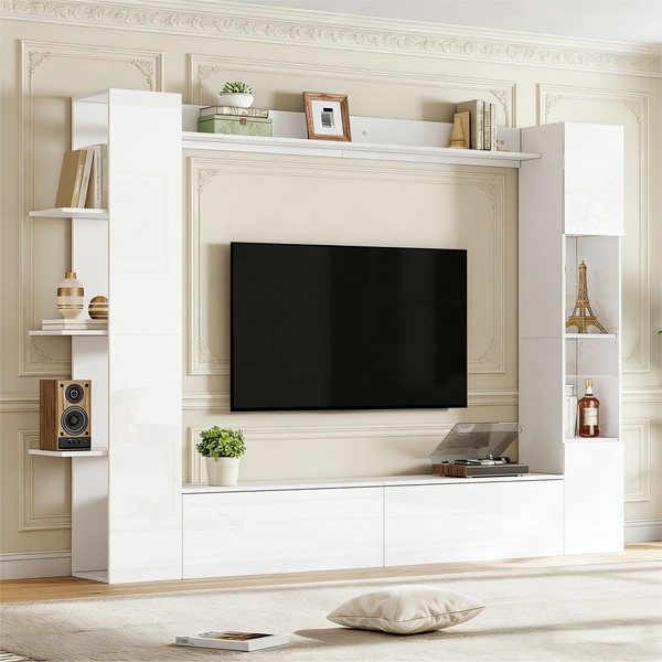 Merax Wohnwand, Vitrinen Türanschlag wechselbar,(Set, 4-St), Kompaktwohnwand mit viel Stauraum, TV-Schrank, Vitrine, Aufbewahrungsschrank, speziell für das Wohnzimmer, Weiß