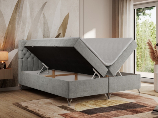 Boxspringbett mit Kopfteil und Topper, Polsterbett - GRIMALDI - 200 x 200 cm - Hellgrau Stoff - H4 Bild 2