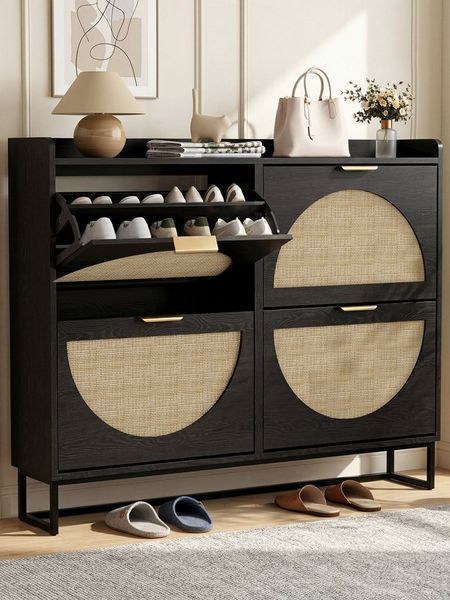 FiveWillowise Schuhschrank Schuhschrank Schmal, Schuhkipper mit Verstellbar, Holz Schuhregal mit 4 Klappen, 120 x 24 x 95.5 cm, Schwarz