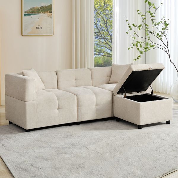 3-Sitzer-Sofa, Ecksofa mit Stauraum, L-förmiges Ecksofa mit abnehmbarem Fußhocker und 2 Kissen, geeignet für Wohnzimmer, Beige