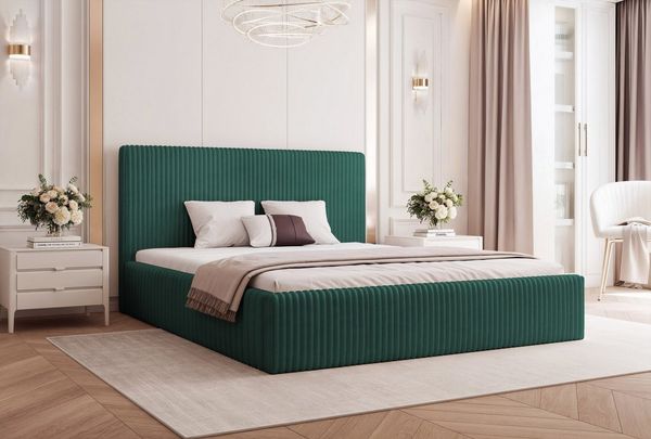 Goldstoff Polsterbett Modernes Bett "LUMINA" mit großem Stauraum und gepolstertem Rahmen (120–200x200 cm, Kopfteilhöhe 70/110 cm), Elegantes Stauraumbett mit gepolstertem Kopfteil und Holzrahmen