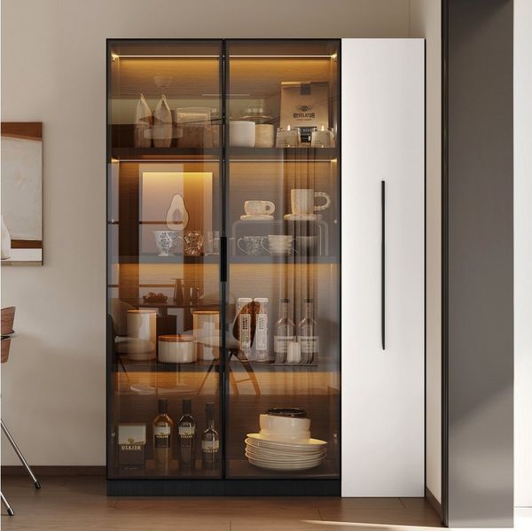 REDOM Vitrine 2-in-1 Schrank mit LED-Beleuchtung (Badezimmerschrä,Esszimmerschrank, 1-St, 160 cm hoch) mit Glastür und LED, Seitenauszug