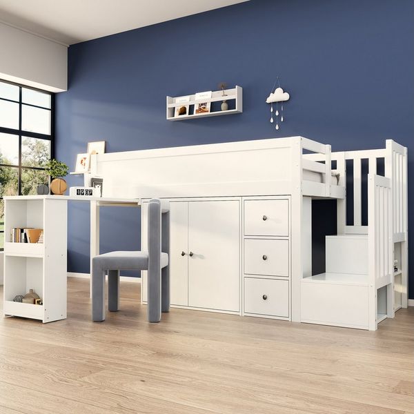 HAUSS SPOLE Hochbett 90x200 mit Schreibtisch, Ablagefach, Mit Schrank, Mit Schublade, Weiß (Etagenbett, Kinderbett, Hochbett, 1-St, Mit Seitlichem Ablagefach, Schublade, Treppenschrank) Ausziehbarem Schreibtisch
