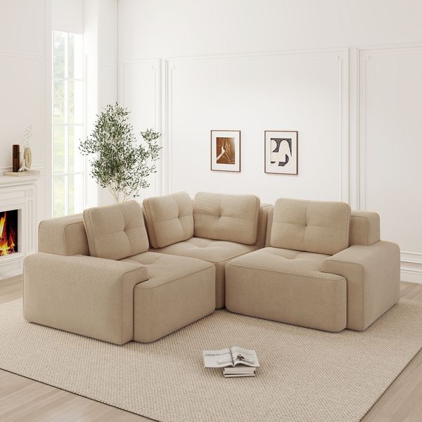 Modulares Ecksofa H 69 x T 177 x B 104 cm aus Cord in Beige, rahmenloses Design