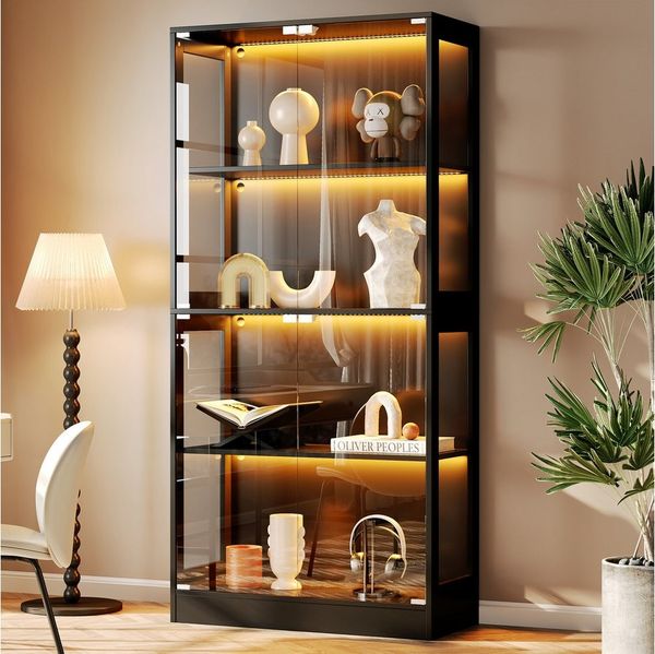 MODFU Vitrine Sammlungsvitrine Transparent (4 Ebenen Stauraum, App-gesteuertes LED-Licht, Push-to-Open Türen, für Figuren & Modelle, 1-St, 80 x 35 x 170 cm)