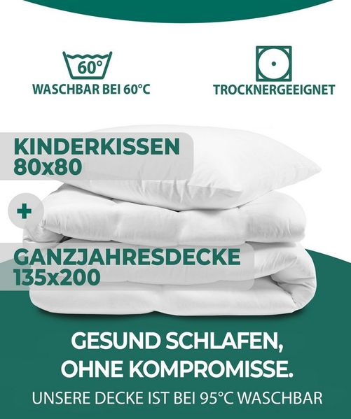 KNERST Kinderbettdecke + Microfaserkissen Kinder Bettdecken für kuschelig, weiche Träume, Füllung: 100% Polyester, Hautfreundlich, für Allergiker geeignet, waschbar bis 60 grad