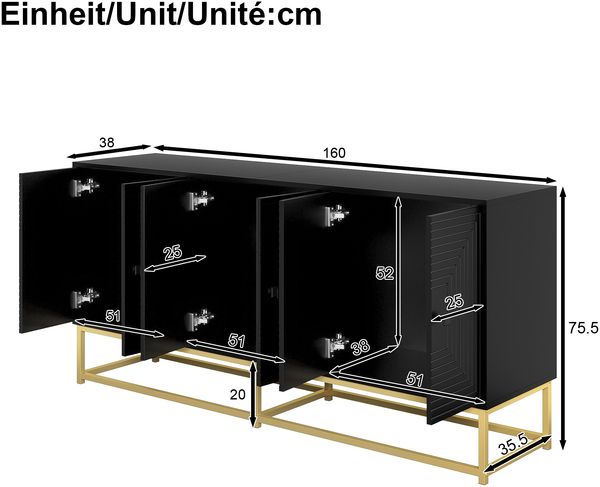 Sideboard Schwarz matt, großes Stauraum-Sideboard mit Doppeltüren, Reliefdesign, moderne Kommode für Wohnzimmer & Büro Bild 7