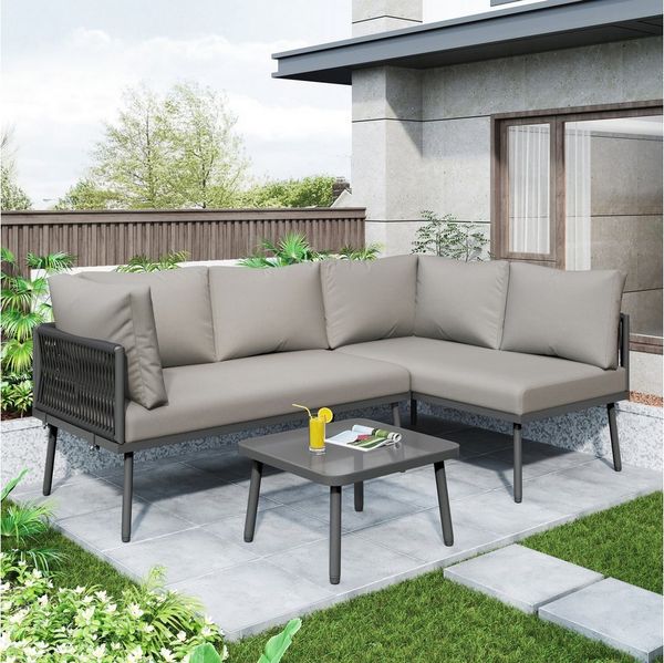 Celya Gartenlounge-Set 4-Sitzer L-förmiges Gartenmöbel Sofagarnitur Eisen,2 Sofas+1 Tisch, (Rattan-Freizeitmöbel-Set für den Außenbereich), mit 6 Kissen,Sitzkissen,verstellbaren Füßen,Grau