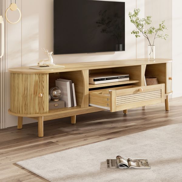 TV-Schrank 165 x 37 x 46 cm mit Schiebetür und Rattanschubladen – Wohnzimmerschrank in Natur aus MDF