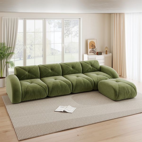 Ecksofa Modular Grün aus Chenille, rahmenloses 4-Sitzer Sofa mit Hocker, hautfreundlich und formstabil,76x358x171 cm
