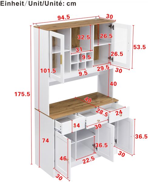 Hochschrank aus MDF mit Glastüren & Schubladen, 94,5x30x175,5 cm, Weiß/Holzoptik Bild 10