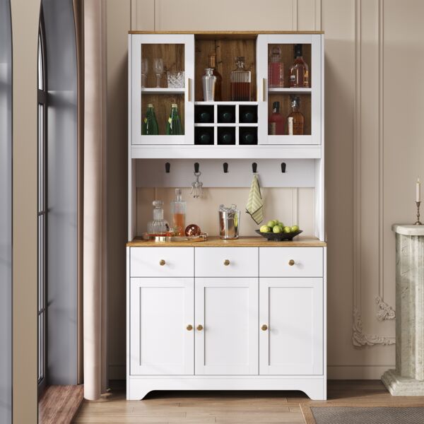 Hochschrank aus MDF mit Glastüren & Schubladen, 94,5x30x175,5 cm, Weiß/Holzoptik