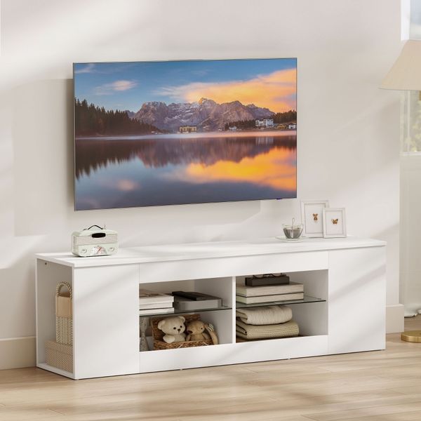 TV-Schrank 140x42,5 cm für bis zu 65 Zoll, 6 Fächer, Glasregale, weiß