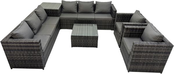 Fimous Dark Mixed Grey Rattan Gartenmöbel Set Ecksofa 2 Tische mit 2 Stühlen