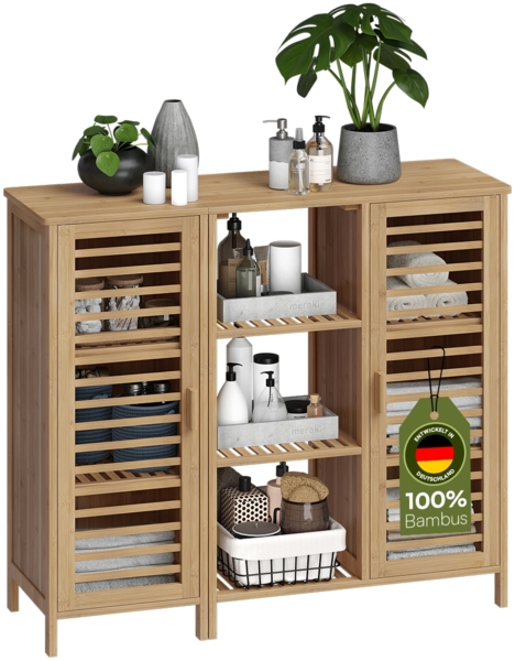 Bellamio 'Newa' Badezimmer Schrank, Bambus, natur, 87x33x100 cm, Badschrank mit 9 Ablagefächern