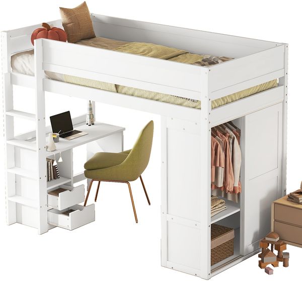 90x200cm Hochbett, vielseitiges Massivholz Kinderbett mit Kleiderschrank, Schreibtisch & Schubladen, Weiß