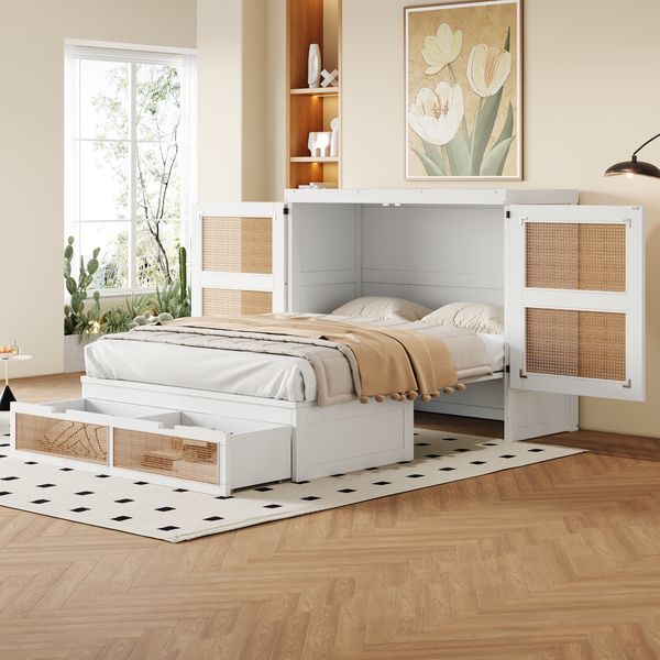 Schrankbett Wandbett 140x200 cm mit Lattenrost & Stauraum, ohne Matratze, weiß Rattan