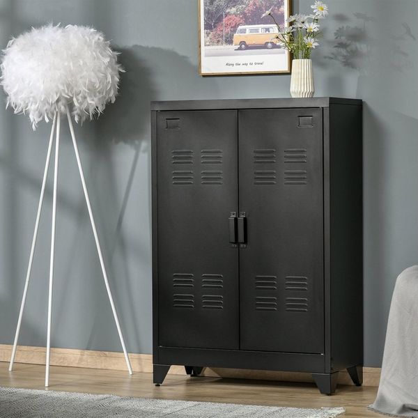 HOMCOM Highboard Aktenschrank mit Lamellentüren (Aufbewahrungsschrank, 1 St, Lagerschrank), Schwarz 75 x 33 x 110 cm