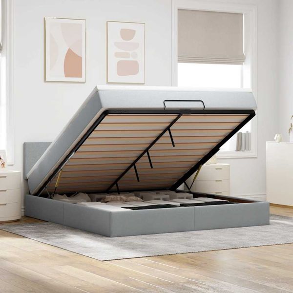 vidaXL Ottoman-Bett mit Matratze & LEDs Hellgrau 160x200 cm Stoff 3312236