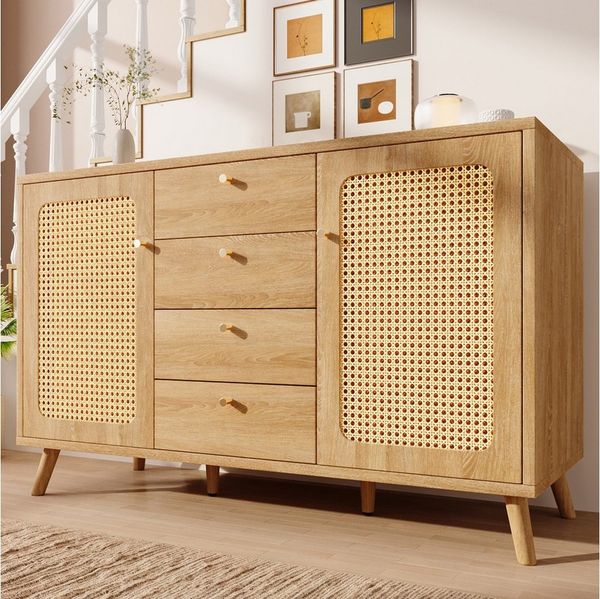 Flieks Kommode mit 4 Schubladen und 2 Rattan-Türen (1 St, 140x40x86 cm), Sideboard Mehrzweckschrank Holzschrank mit verstellbarer Ablagen