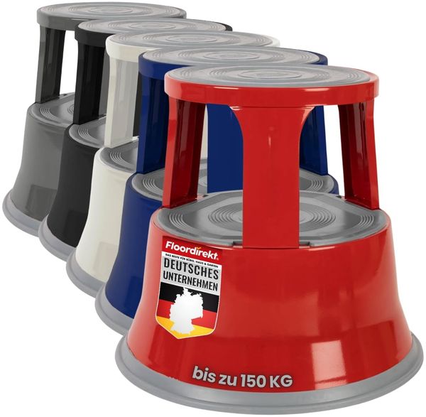 Floordirekt Rollhocker, Tritthocker, Elefantenfuß - Hocker aus Stahl bis 150kg Tragkraft für Büro oder Gewerbe (Rot, Metall)